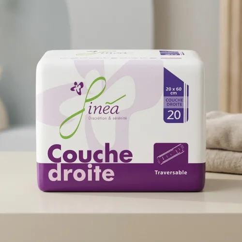 Finea couche droite traversable, protection pour incontinence adulte, confort, absorption élevée et sécurité maximale.